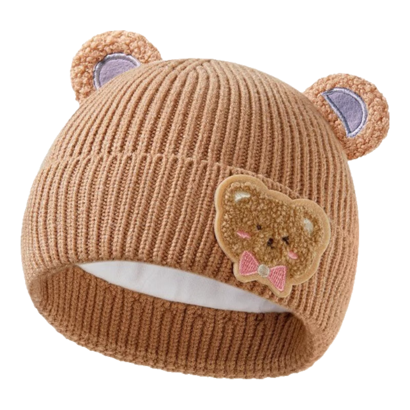 愛貝迪拉寶寶帽子秋季冬款嬰兒護(hù)頭帽寶寶保暖毛線無骨帽子護(hù)耳針織童帽 小熊毛線帽 咖色 S碼【建議頭圍34-47M】