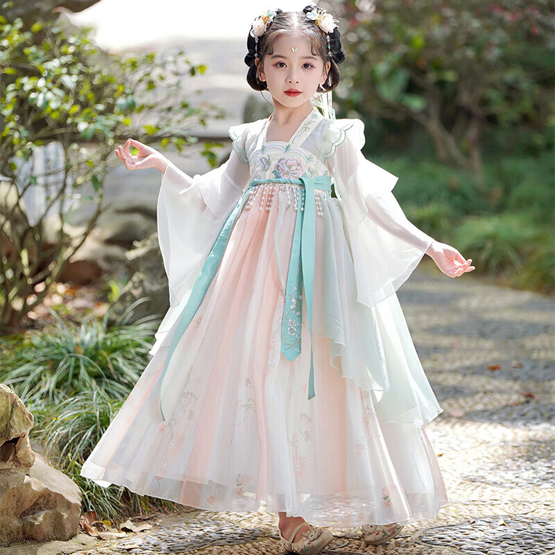 安妮优儿汉服女童春夏款中国风连衣裙儿童古风襦裙古装裙子唐装 绿色 120