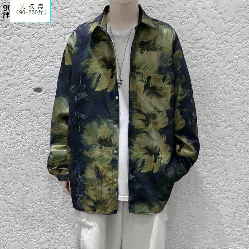 @吴权湾胖哥5xl肥佬230斤复古印花衬衫男潮牌胖子加肥加大码宽松休闲