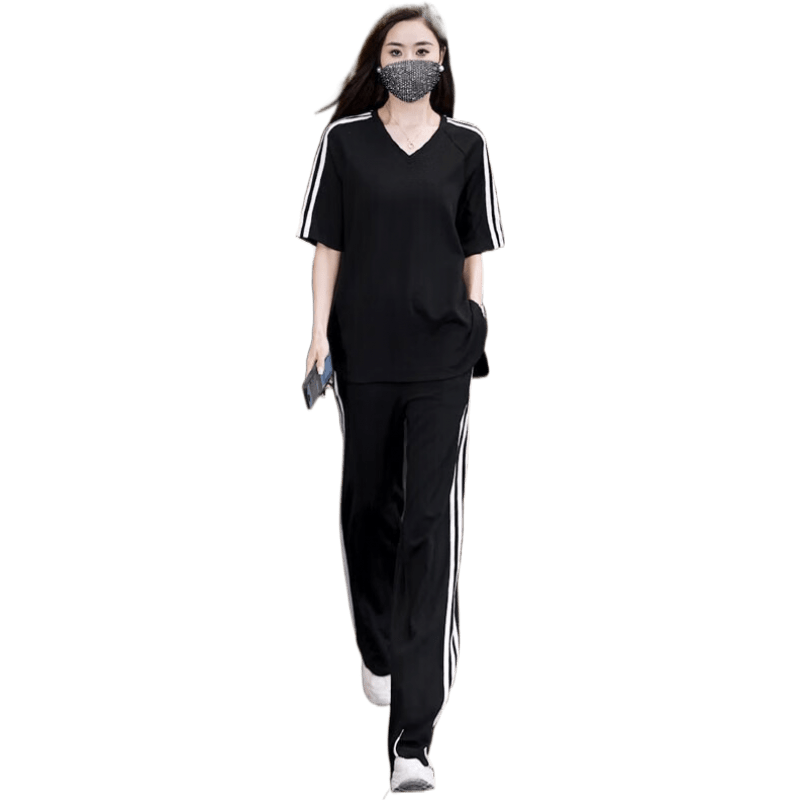歌梵黎（GEFANLI）休閑運(yùn)動(dòng)服套裝女夏季胖mm減齡時(shí)尚短袖上衣闊腿褲大碼女裝兩件套 黑色 3XL 【建議160-180斤】