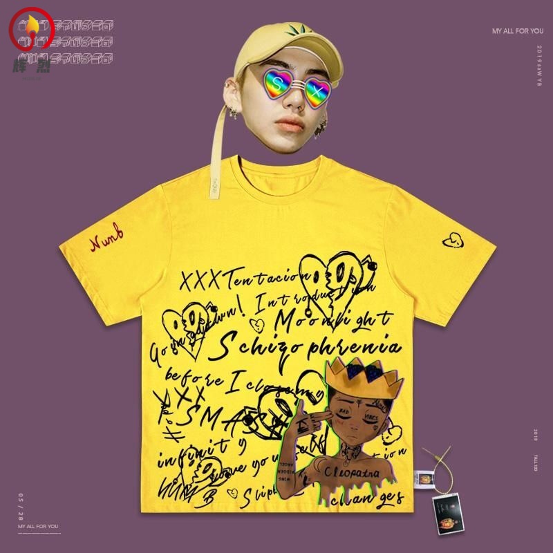 辉烈 xxxtentacion日记复古海报vintage rap嘻哈tee说唱歌手短袖t恤男