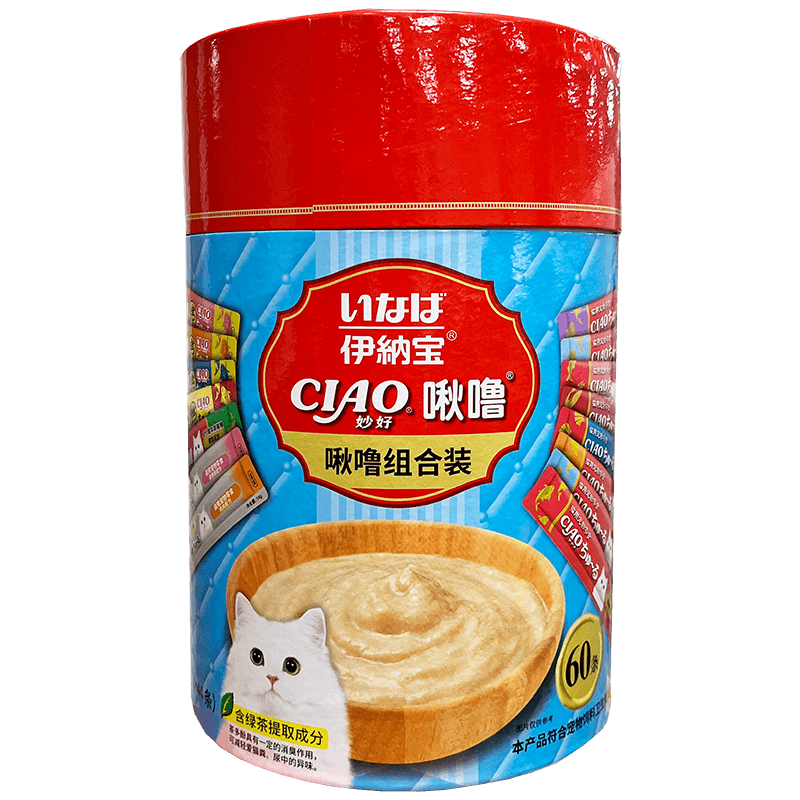 伊纳宝猫零食啾噜猫条妙好营养猫咪零食妙鲜湿粮猫条流质桶装猫条 混合口味 60支（散装4种）
