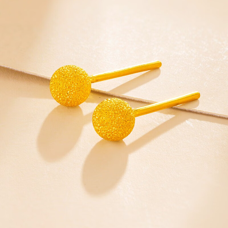 老庙黄金足金泡泡磨砂耳钉圆珠小豆豆耳环女款送女友老婆首饰约18g