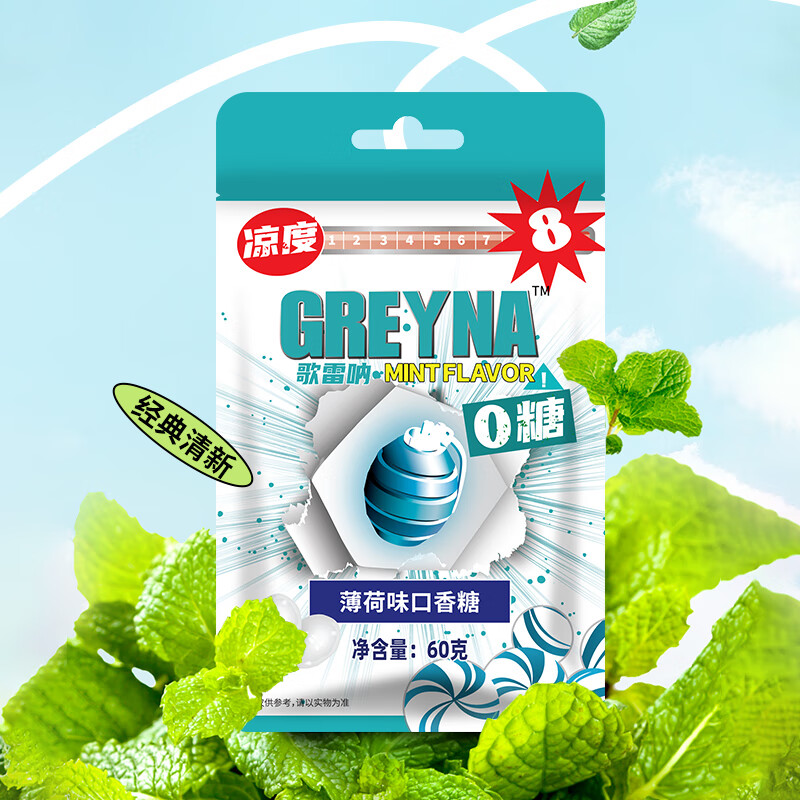 GREYNA歌雷吶爆炸薄荷口香糖0糖薄荷強(qiáng)爆爽嗆涼冰雹清新死神水果超涼糖 8級薄荷味【可選】
