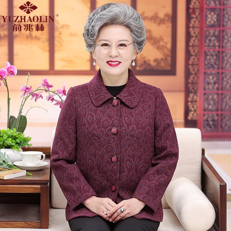 俞兆林中老年人春秋裝女毛呢外套長(cháng)袖奶奶冬裝上衣老太太老人衣服媽媽 紅色 L