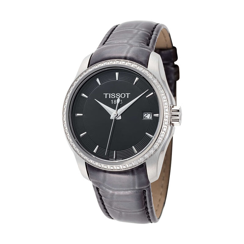 天梭(tissot)女表库图系列黑盘皮带日显休闲防水女表t035.210.66.051.
