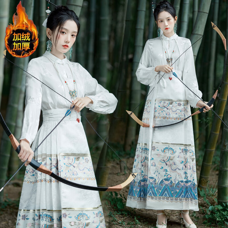 景华年秋冬新中式改良汉服国风女复古上衣一片式孔雀织金刺绣马面裙套装 仅白色上衣（常规） M属于什么档次？