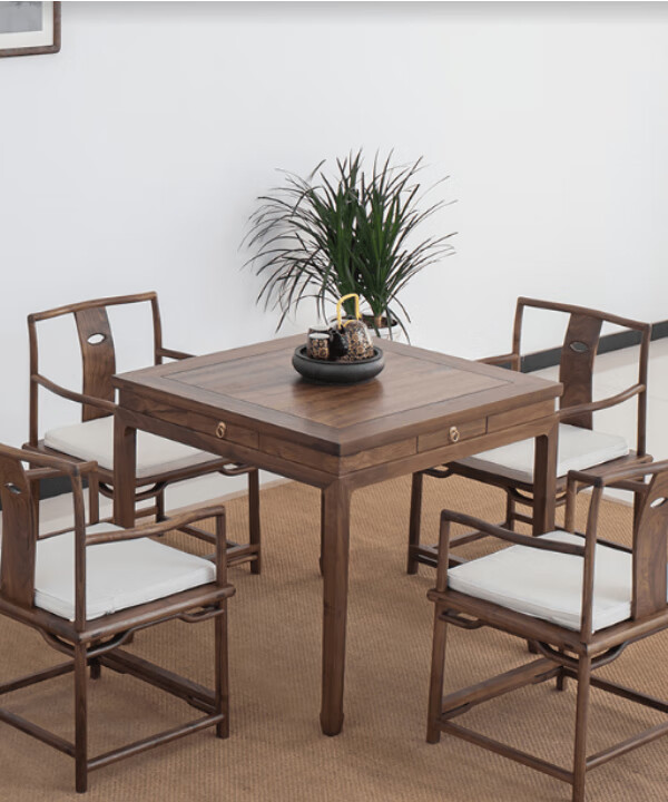 帝兰慕新中式实木餐桌酒店带抽屉四方八仙桌打牌桌椅黑胡桃木正方形茶