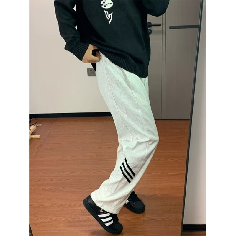 POUM休闲裤男百搭直筒宽松长裤男女美式条纹阔腿裤男日常慵懒风裤子男 BKEG-bk06灰色 2XL 【建议125-140斤】