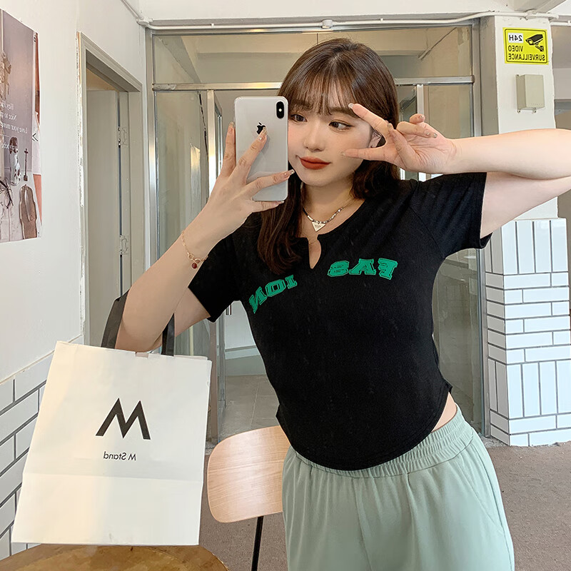 佑莱客胖女人时尚胖妹妹t恤短袖显瘦的大码装200斤灰色微胖女生辣妹纯
