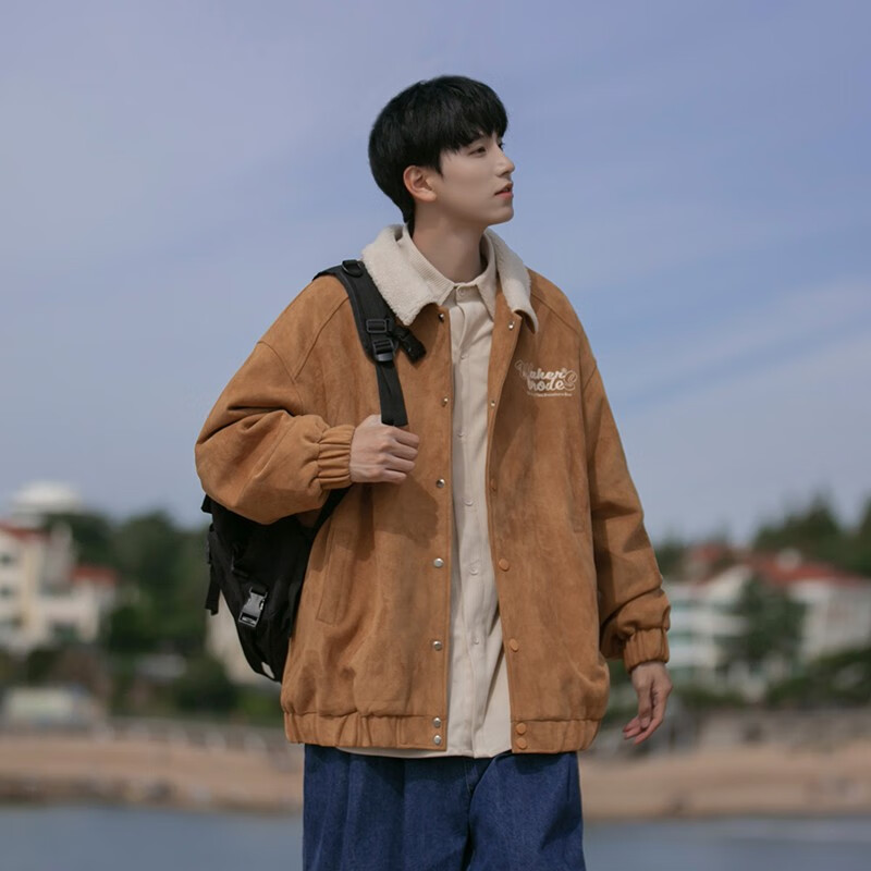 美式复古麂皮绒外套男秋冬季青少年韩版高街潮流翻领夹克男宽松 棕色