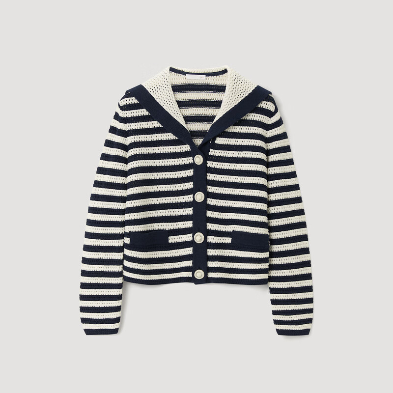 OVV2023春夏新款女装新疆棉条纹海军领法式风格针织外套 藏青条纹03 M