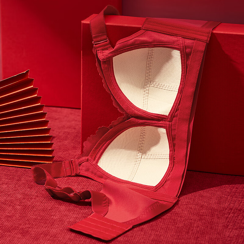 千奈美无钢圈内衣女大胸显小薄款乳胶调整型聚拢文胸 大红色 80B