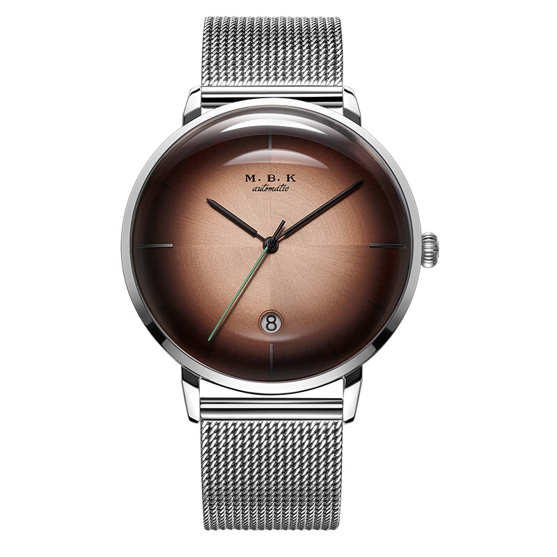 M.B.K美国品牌进口手表男士全自动机械男表3D镜面商务休闲防水男士腕表 钢壳咖面钢网带【进口机芯】