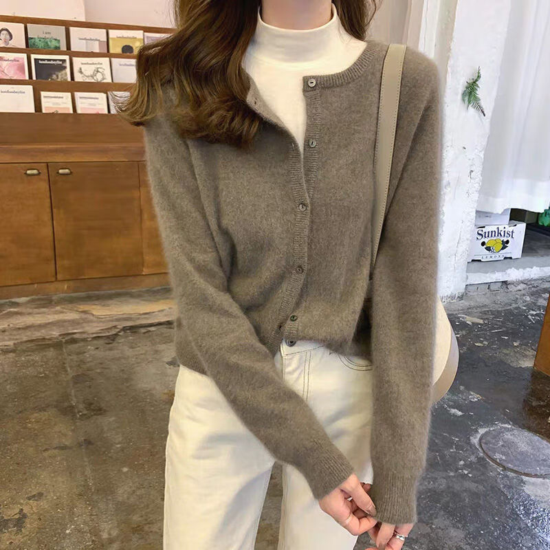 新款韩版宽松短款针织小开衫叠穿毛衣女装外套内搭毛衣潮sn4838 驼色