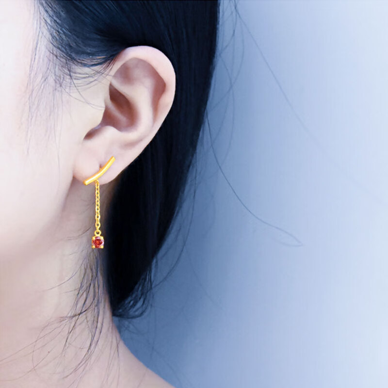 匠蕴黄金耳钉女足金999弯一字流苏耳线实心亮面个性淑女风优雅送礼 单