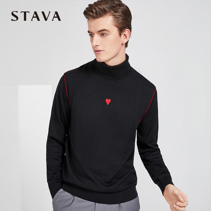 斯得雅(stava)男装高领羊毛衫保暖男士毛衣简约刺绣新款厚针织毛衣