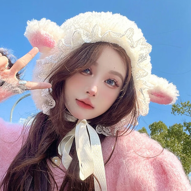 小羊毛绒帽子女款冬季蕾丝边保暖加绒帽 白色 54-58cm