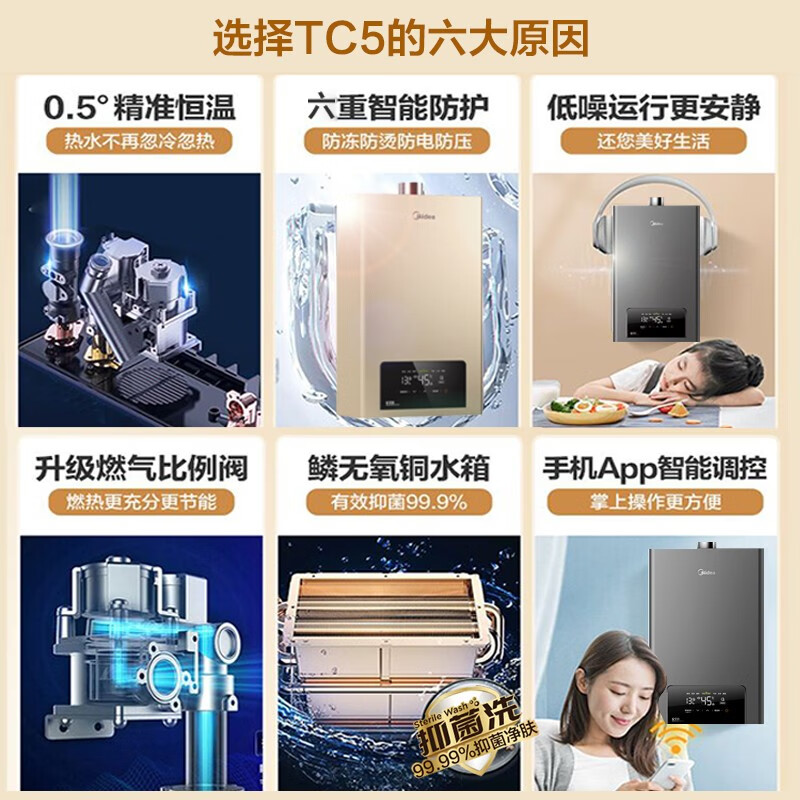 美的（Midea）14升燃气热水器天然气 水气双调智能恒温 强排式热水器家用 节能省气6重安防 JSQ27-TC5雅士金