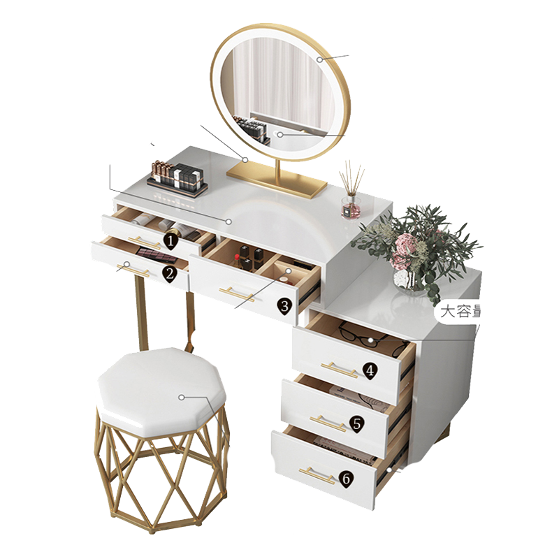 简约梳妆台卧室轻奢网红ins梳妆桌北欧化妆台一体小户型5060cm化妆桌 60桌+柜+智能镜+八角凳