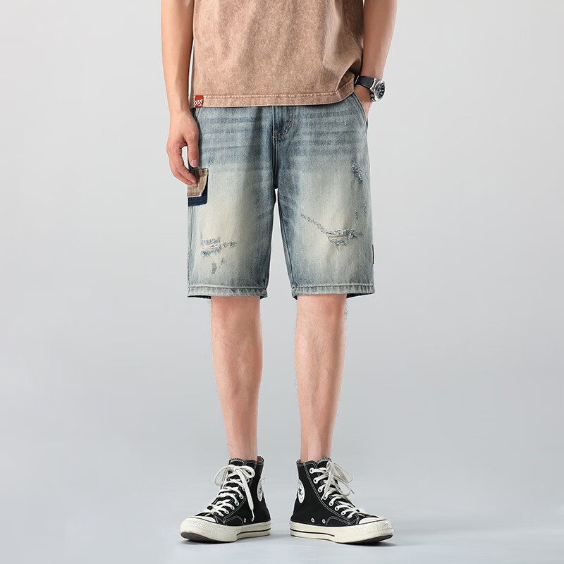 唐治(tztozvis)破洞牛仔短裤男夏季薄款潮牌工装裤子宽松直筒五分裤