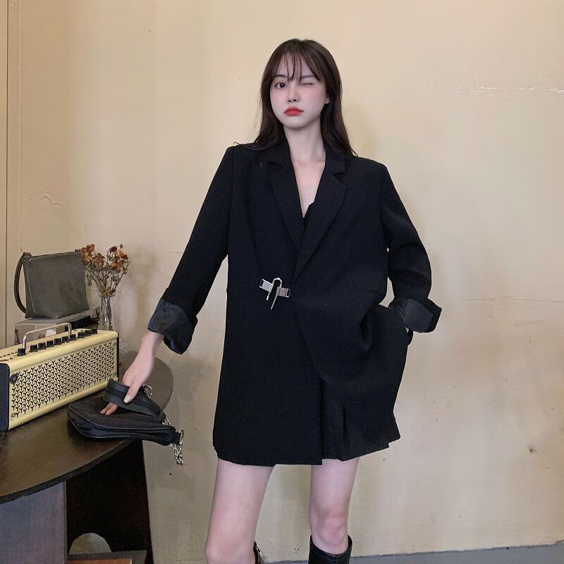 lanweifeilei女装春季新款赫本风法式中长款黑色西装设计感西服外套潮