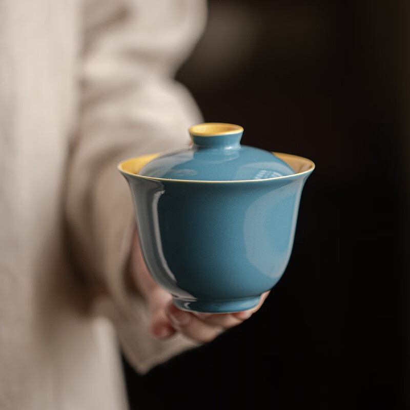 无悔冰岛蓝撞色陶瓷盖碗 功夫茶具手捧夕阳创意泡茶碗 莫兰迪色 冰岛