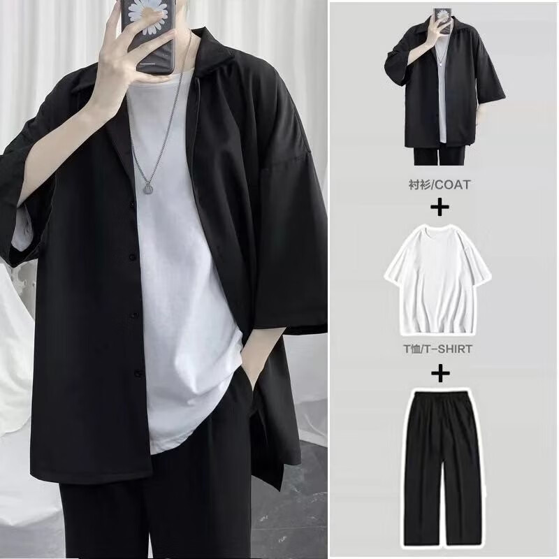 套装男西装领外套夏季休闲约会三件套男生穿搭轻熟风潮牌衬衣 黑色 s