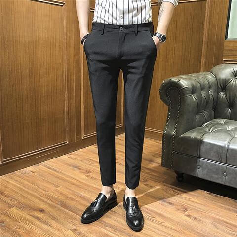 绅栩  小裤脚休闲裤男黑色秋冬男裤修身休闲裤子男九分裤西裤男西装裤