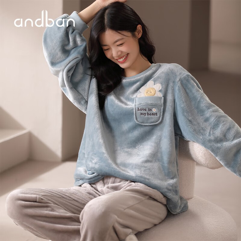 安之伴睡衣女晚秋冬法兰绒保暖厚款圆领可爱小花可外穿女士家居服套装 冰兰 XL