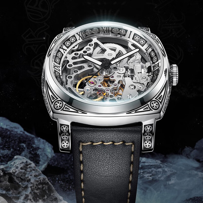 boux男士手表机械 男表机械  镂空防水夜光雕花腕表 送男友 黑色表带