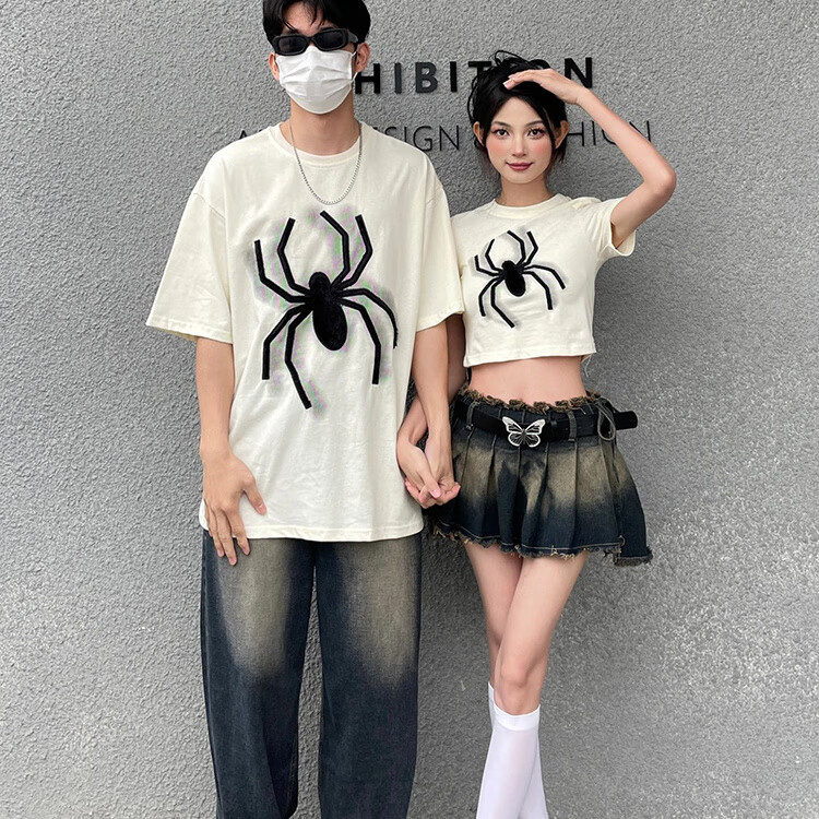 页超情侣装夏季一长一短[两件装]蜘蛛短袖女露脐装短款上衣服休闲inst