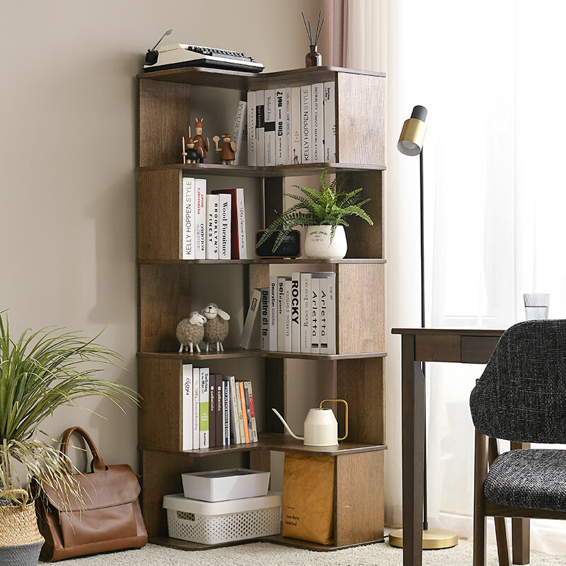衔口书架落地转角书柜置物架简约多层拐角储物架墙角 胡桃色五层