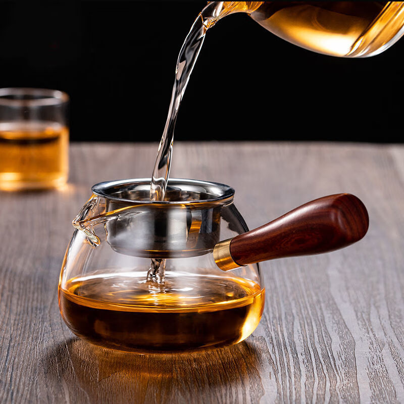 旭豹特厚木把玻璃公道杯茶漏一体茶器功道分茶杯茶海茶壶加厚耐热侧把 特厚-360ML木把泡茶壶