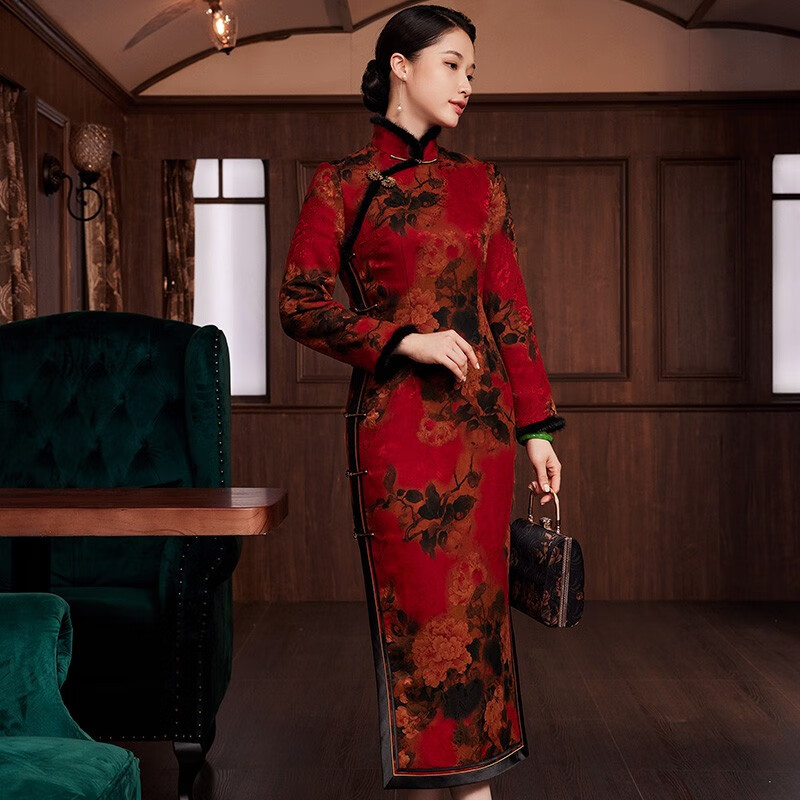 璽玥2025年冬季中國風(fēng)花羅香云紗厚款?yuàn)A棉側(cè)開長款旗袍連衣裙新年新年 圖片色 XL (體重115~125)
