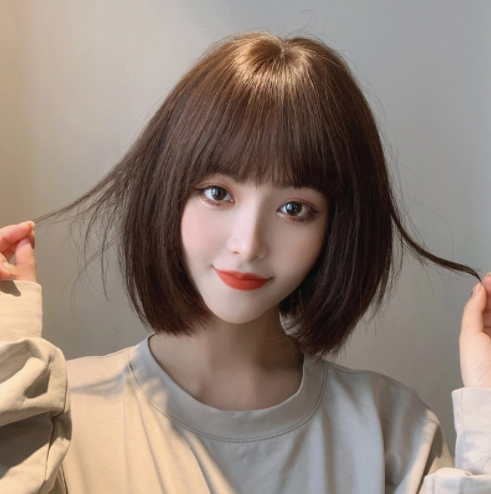 唐妮  假发女短发网红空气刘海圆脸bobo头内扣锁骨发型自然女全头套式