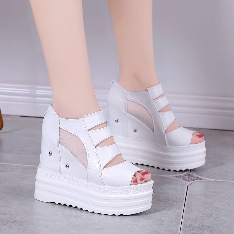 踏春夏季坡跟内增高松糕底鱼嘴凉鞋防水台高跟网纱厚底罗马女鞋 白色