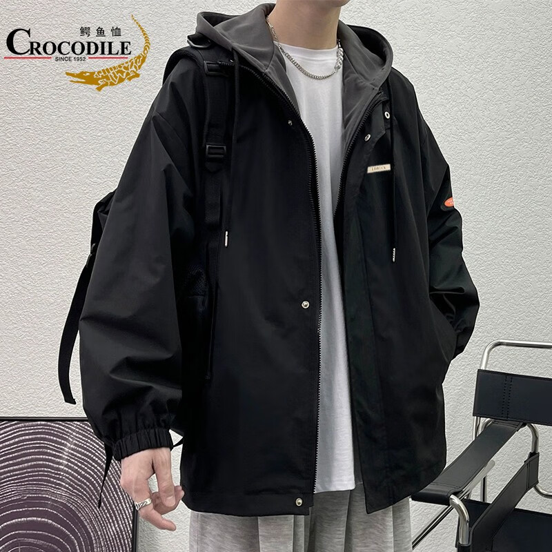 鳄鱼恤（CROCODILE）夹克男春秋季假两件连帽潮流宽松休闲港风外套男2119黑色XL怎么看?