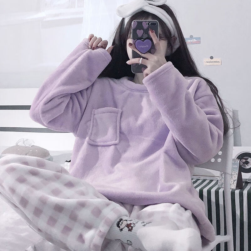 fyzs睡衣女珊瑚绒可外穿学生秋冬加厚加绒ins法兰绒可爱长袖圆领保暖