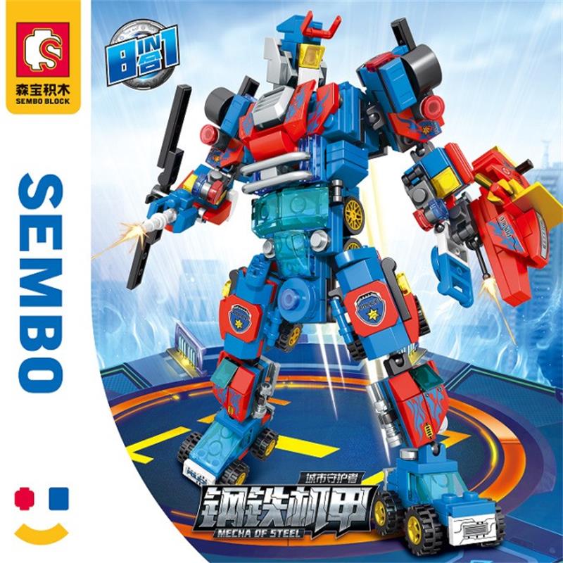 森宝积木钢铁机甲警车模型大力神金刚变形汽车人积木拼插男孩玩具儿童