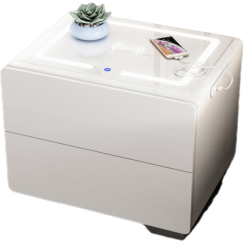 智能床头柜实木简约现代多功能带灯指纹锁无线充电床头柜蓝牙音响 白二斗+语音可控灯+无线充+ usb插排 整装