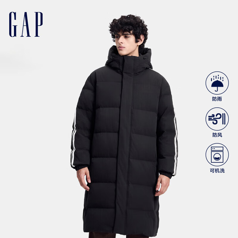 盖璞男女装logo侧织带防风防雨微弹长款羽绒服 黑色 XL (180/100A) 亚洲尺码