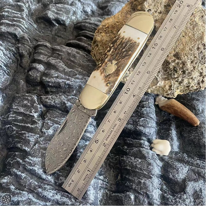 折叠刀鹿角手柄户外露营小刀口袋刀削果蔬刀刀具 卡其色 鹿角大马折刀