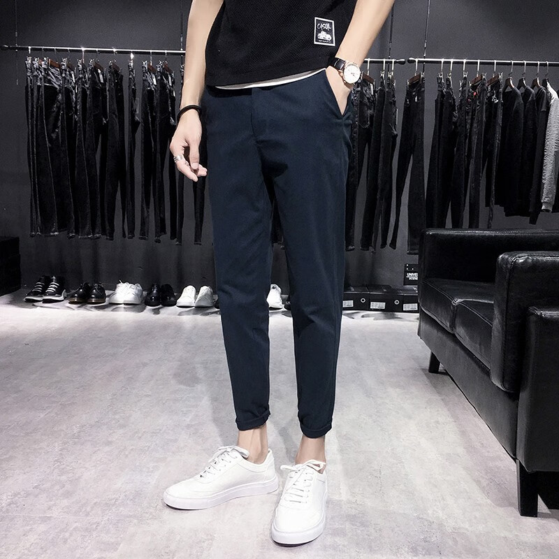 小码紧身男裤子修身27码七分裤矮个子26号小脚八分休闲西裤 藏青色 26