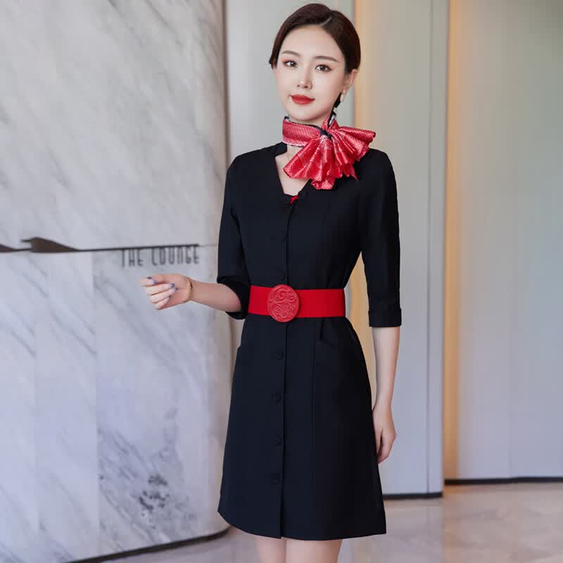 奥若文国航空姐制服航空空姐制服气质v领ol职业装女工装七分袖连衣裙