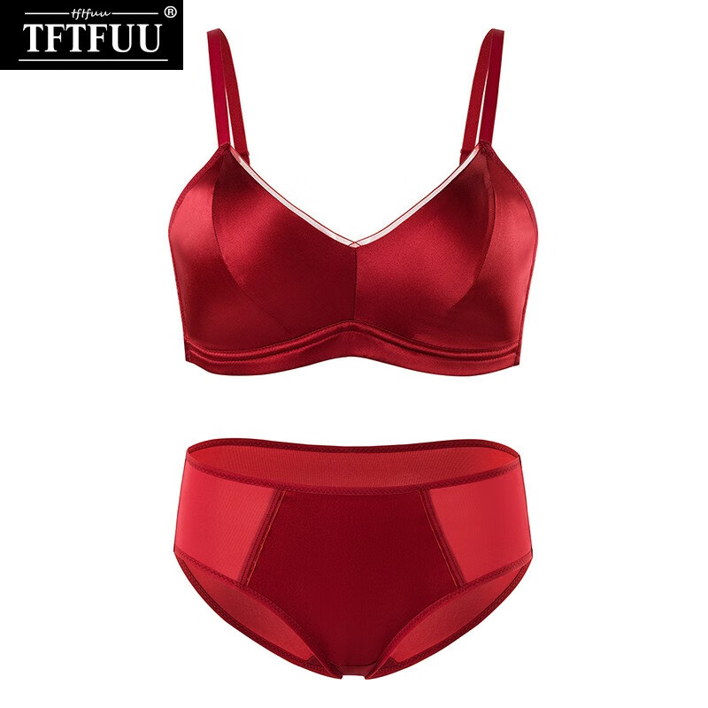 tftfuu新款本命年大红色真丝内衣套装女薄款结婚新娘性感桑蚕丝文胸