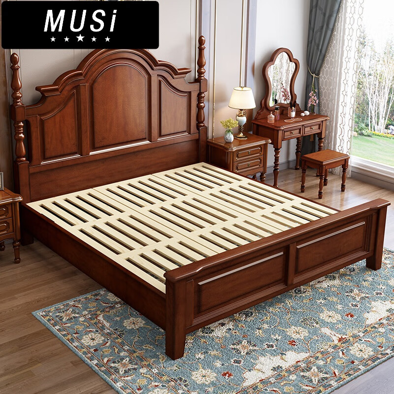 慕斯五星美式乡村实木床简约罗马柱仿古做旧主卧双人床气压抽屉高箱储