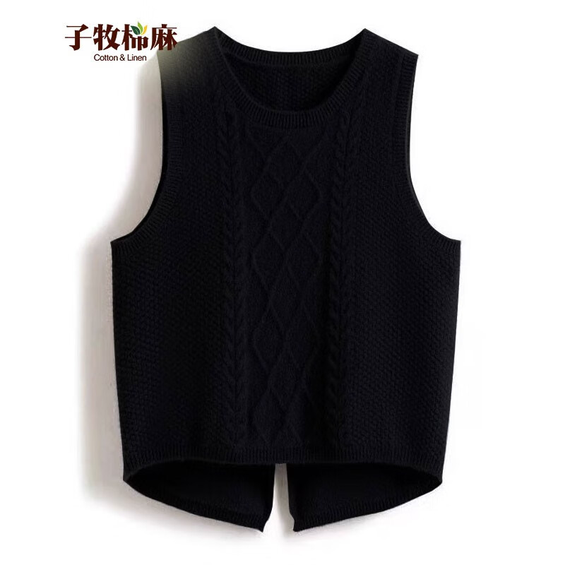 子牧棉麻秋装 女韩版百搭针织背心宽松显瘦无袖坎肩马甲3718 黑色 均码(建议95-130)