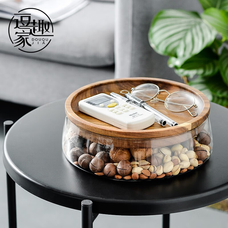 逗趣家 相思木干果盤創(chuàng)意現(xiàn)代輕奢瓜子點心盤雙層水果托盤玻璃客廳茶幾糖果盒家用零食堅果收納盒甜品擺臺 大號容量2350ml