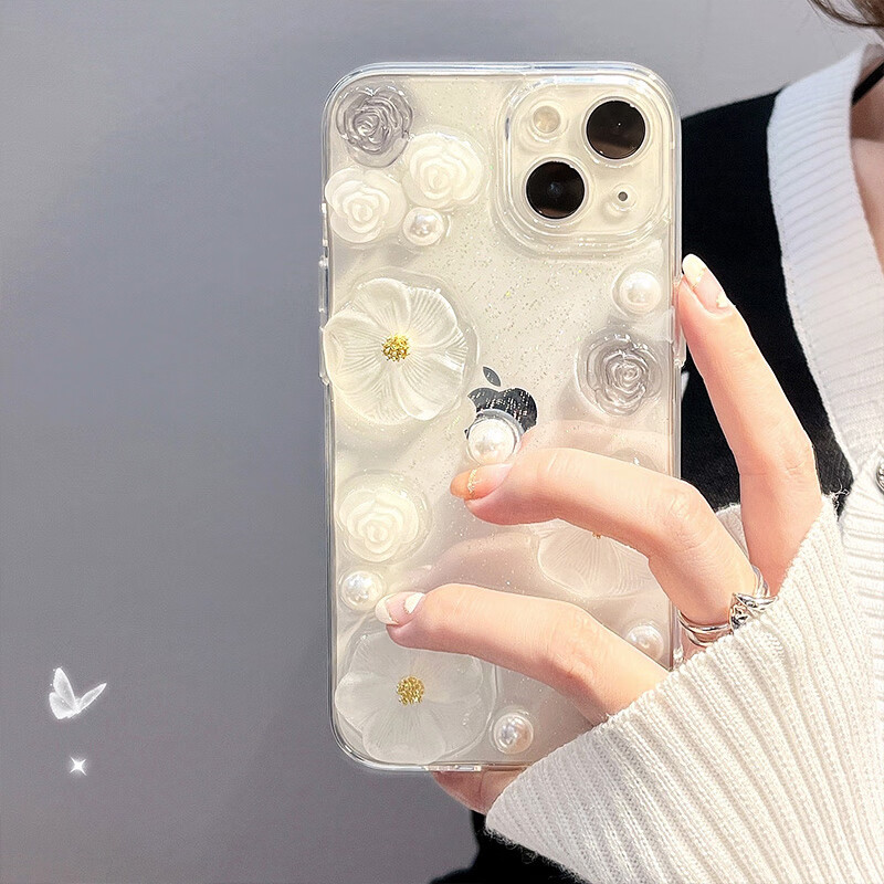 途兮 苹果14手机壳15高级感珍珠花朵适用iPhone15promax女新款硅胶透明13pro保护套 透明 滴胶花朵 iPhone 15promax